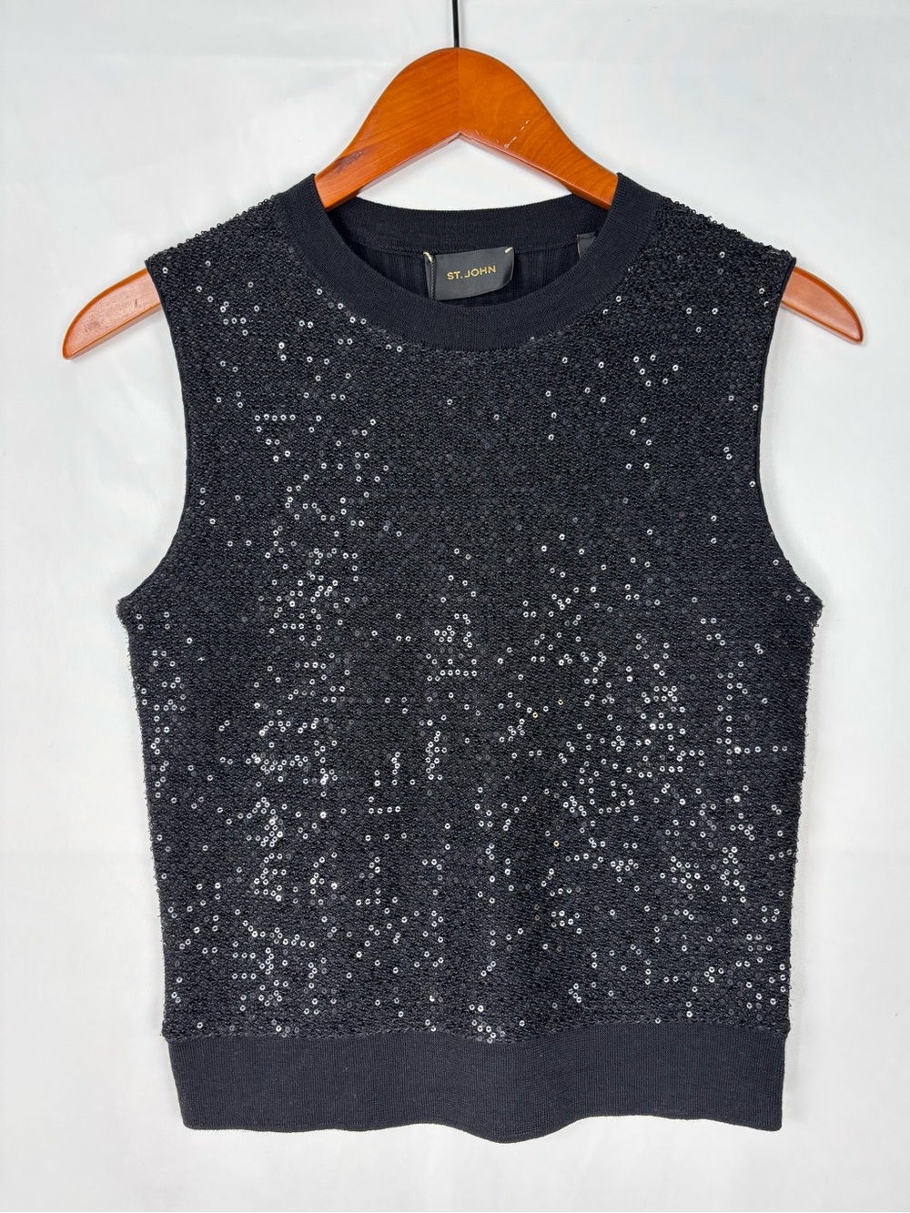 NEW St John Sequin Knit Sleeveless Top Black Size S Crewneck
